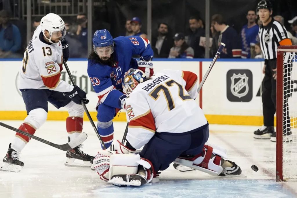 Sergey Bobrovsky makes a save on Mika Zibanejad during the second period of the Rangers' 3-0 Game 1 loss to the Panthers.