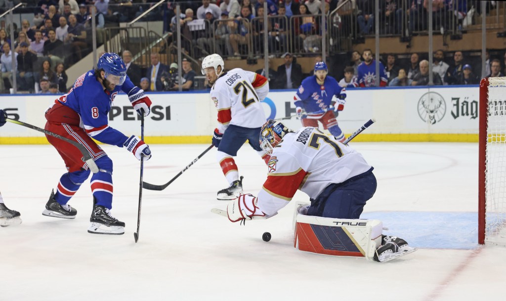 Sergey Bobrovsky makes a save on Jacob Trouba in the third period of the Rangers' Game 1 loss.