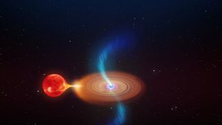 A star appears to be pulled into the accretion disk of a black hole, which looks like a reddish orb funneled into an orange disk.  In the center, there is a bluish space from which two blue shards dive vertically.