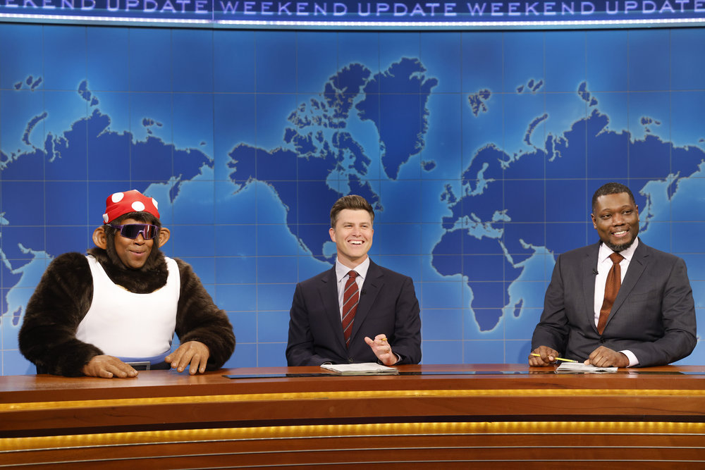SATURDAY NIGHT LIVE -- “Ana de Armas, Karol G” Episode 1844 -- Pictured: (L to R) Kenan Thompson as Funky Kong, host Colin Jost and host Michael Che during the update weekend day of Saturday, April 15, 2023 -- (Photo by: Will Heath/NBC)