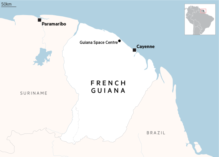 Map showing the Guiana Space Center in French Guiana