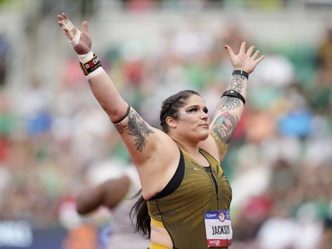 Chase Jackson competes in the women's shot put final during track trials.