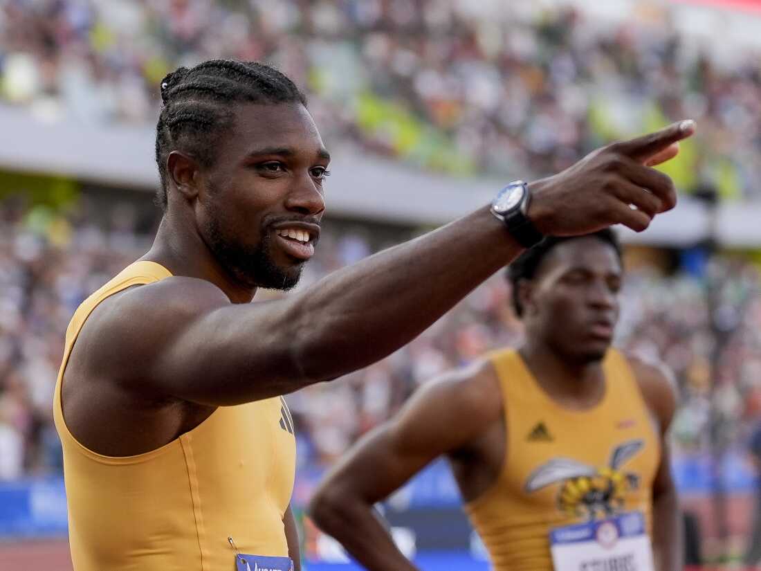 Noah Lyles celebrates after winning the men's 200 meters final during the U.S. Olympic Team Trials in track and field on Saturday, June 29, 2024, in Eugene, Ore.
