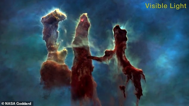 the visible light spectrum clearly shows the clouds of dust and cold molecular hydrogen that make up the pillars of creation