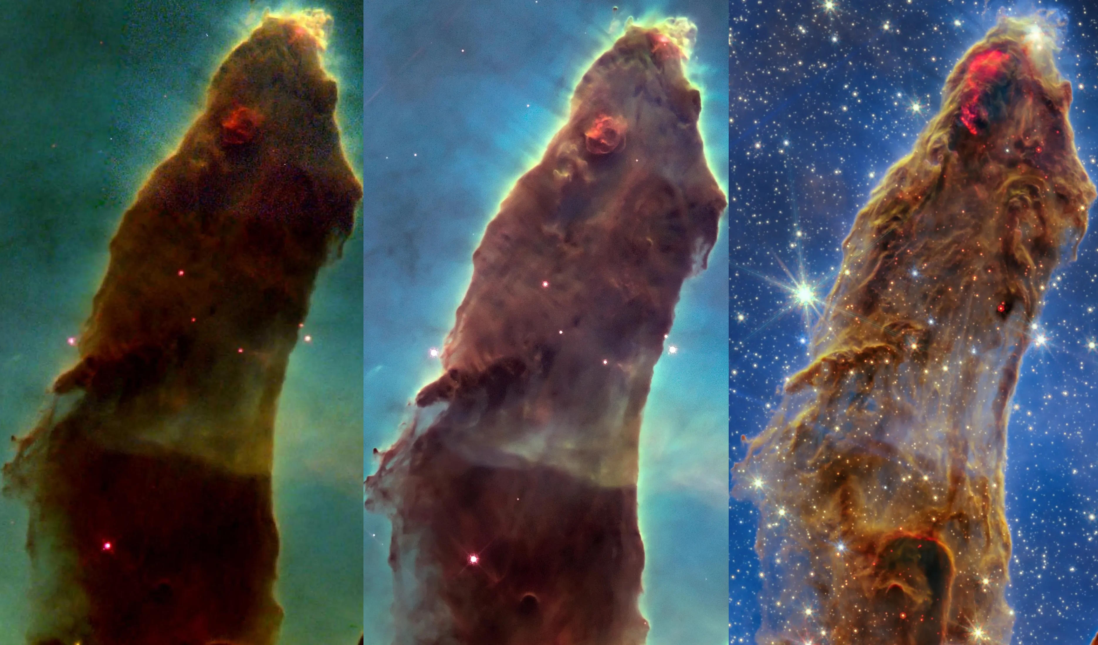 Three images of the same celestial pillar in the Eagle Nebula, known as the Pillars of Creation, captured by the Hubble (left, center) and James Webb (right) telescopes, show gradual detail and color shift from green to blue across the star field.