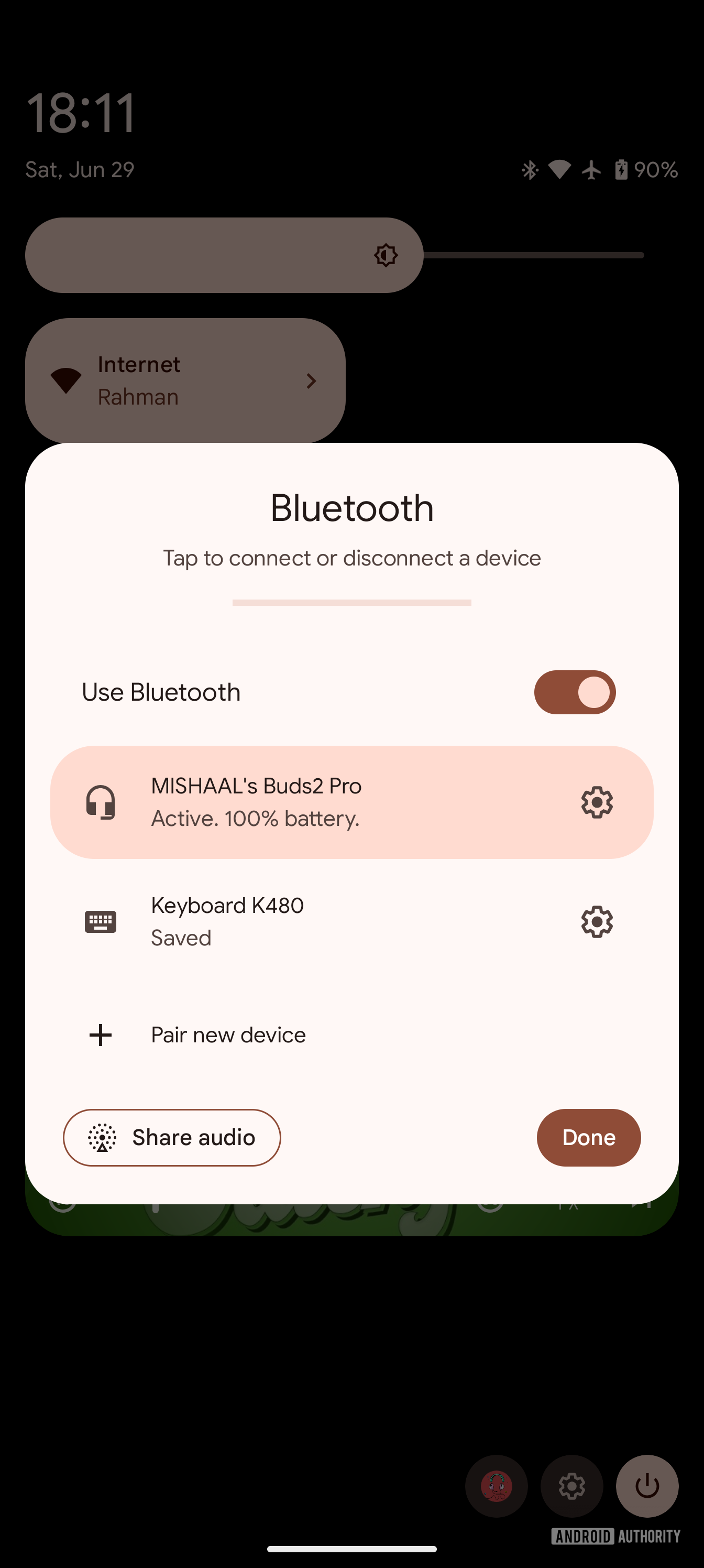 Android 15 audio share button in Bluetooth QS tile dialog