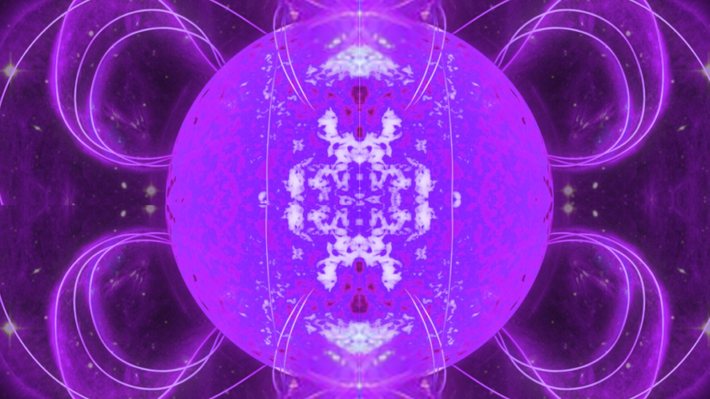 A bright glowing purple sphere surrounded by purple loops