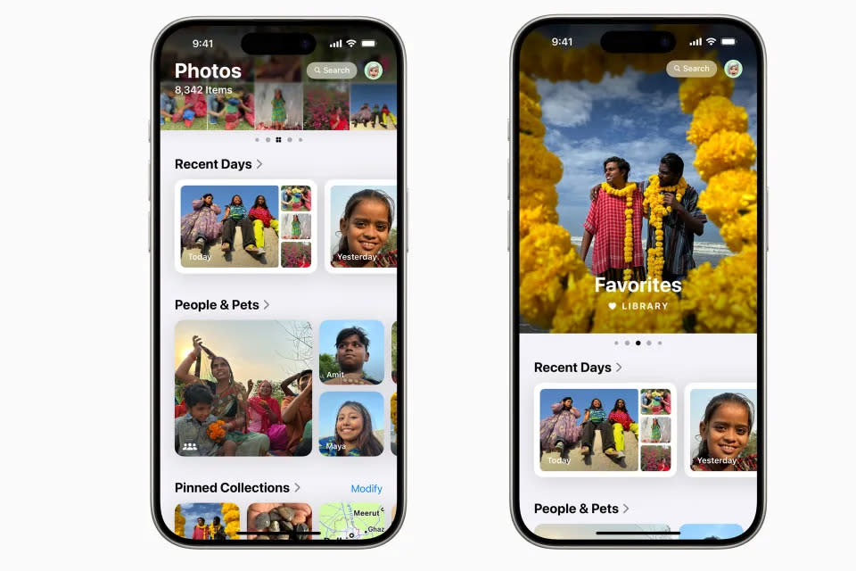 A composite graphic showing two screenshots of the redesigned Photos app for iOS 18. On the left are three rows of collections below the library grid, indicating 