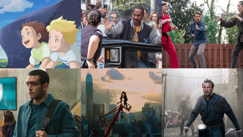 Clockwise from top left: “The Imaginary,” “Beverly Hills Cop: Axel F,” “Cobra Kai,” “Vikings: Valhalla,” “Skywalkers: A Love Story,” and “Elite.”